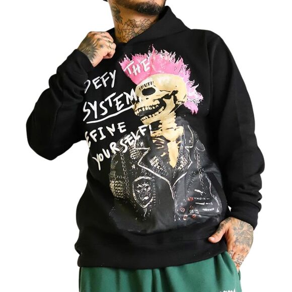 Reason Defy the System Punk Skeleton Hoodie Men’s Large Black Pink Mohawk - Picture 6 of 13